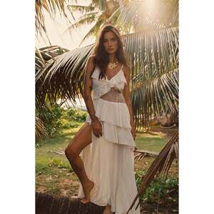 12th Tribe Nyx Ivory Lace Inset Ruffle Maxi Dress Size LL